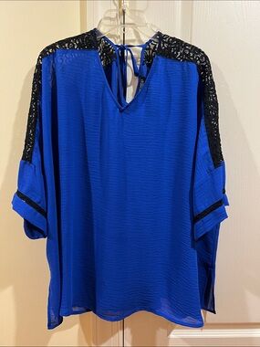 Catherines Royal Blue V-Neck Blouse with Black Lace Trim